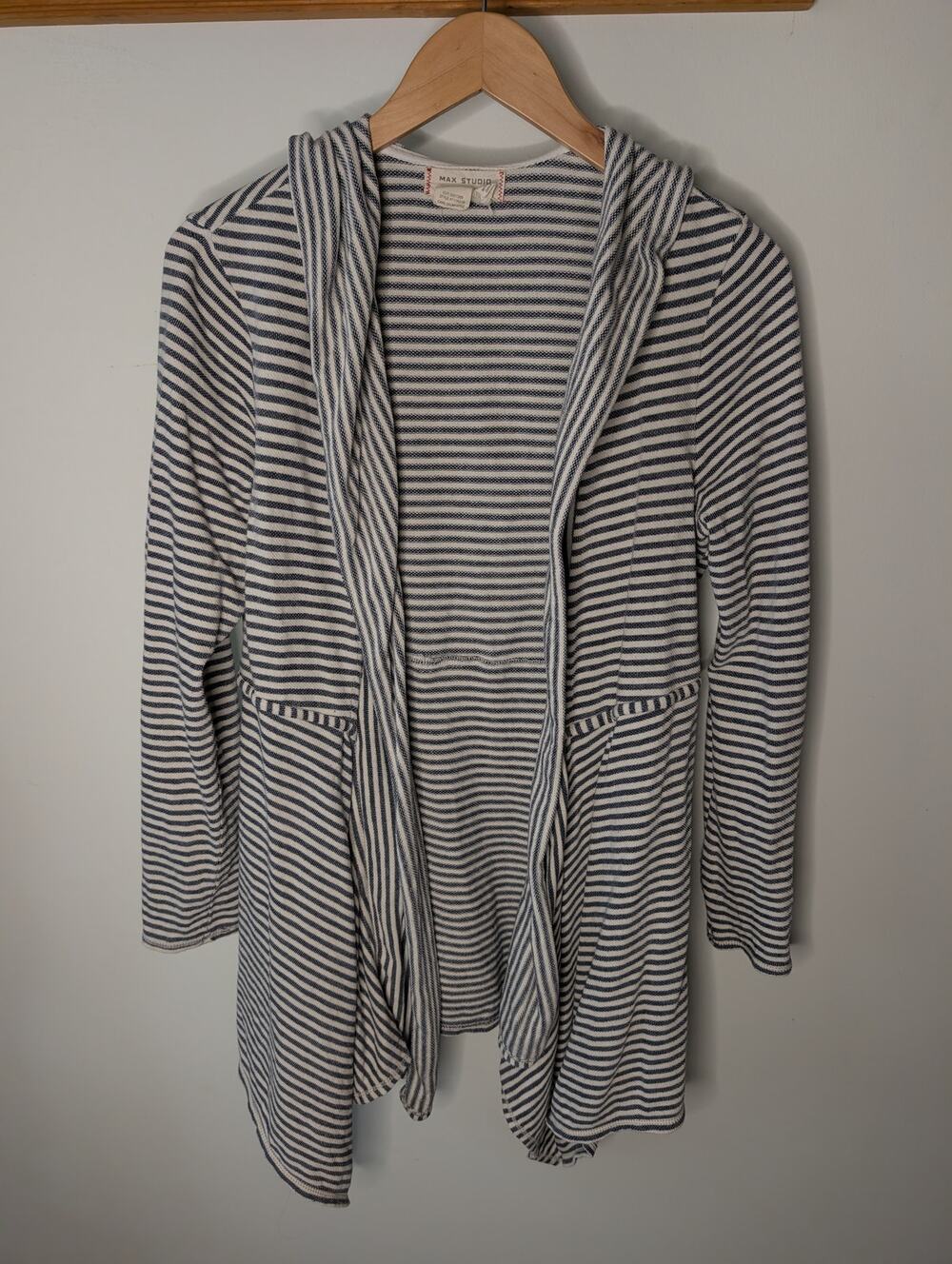 Max Studio Weekend Womens M Breton Stripe Hooded Cardigan Navy Cotton Waterfall